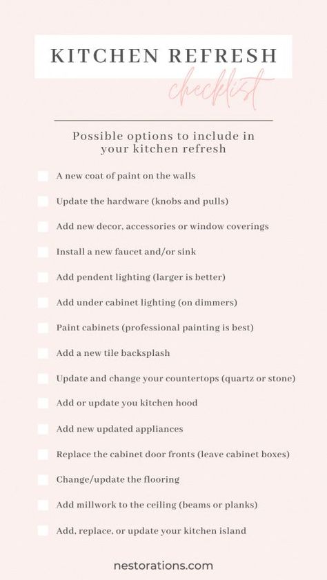 Kitchen refresh ideas and checklist Kitchen Design Checklist, Clean The Kitchen Checklist, Kitchen Renovation Checklist, Restaurant Kitchen Cleaning Checklist, Kitchen Refresh Ideas, Remodel Checklist, Repainting Kitchen Cabinets, Kitchen Checklist, Replacing Cabinets