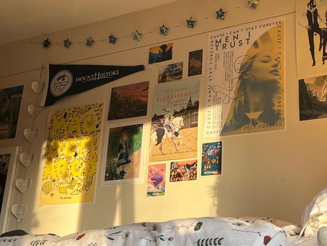 Moving Into Dorm Aesthetic, Common Room Dorm Decor, College Dorm Room Inspo Boho, Dorm Mood Lighting, Colorado Room Aesthetic, Vinyl Dorm Decor, Mount Holyoke College Dorm, Dorm Room With Posters, Retro College Dorm