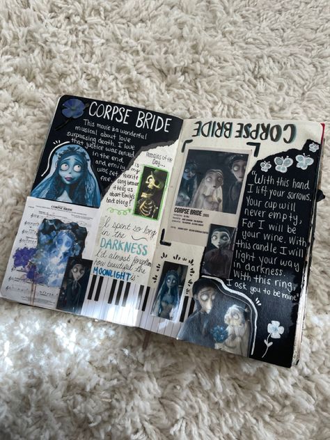 Corpse Bride Journal Page, Corpse Bride Scrapbook, Tim Burton Research Page, Celebrity Journal Page, Corpse Bride Journal, Tim Burton Artist Research Page, Dark Scrapbook Ideas, Emo Scrapbook, Horror Journal Ideas