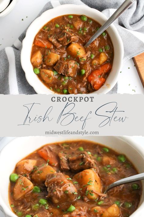 Easy Crockpot Irish Beef Stew - Midwest Life and Style Blog Crockpot Irish Beef Stew, Irish Stew Crockpot, Irish Beef Stew Crockpot, Irish Foods, Irish Beef Stew, Irish Beef, Beef Stew Crockpot, Irish Stew, Slow Cooker Beef Stew