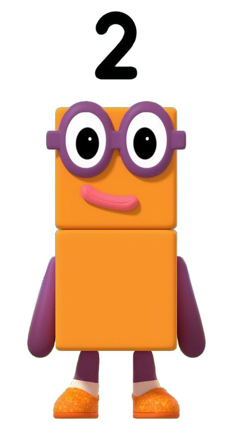 Two, or 2, is a Numberblock made up of two orange blocks. He has glasses, socks, and shoes. He first appeared in the episode Another One. Two and all the other even numbers have flat tops when they stand two blocks wide, as demonstrated in Odds and Evens. He is very kind and is also One's best friend. Two has two orange blocks as his body, as well as two purple limbs and purple eyes that look like glasses. He has pink lips as of his debut episode Another One. In the episode with the same name Number Blocks Printable, Odds And Evens, Block Birthday Party, Even Numbers, Number Blocks, 2nd Birthday Party Themes, Block Party, Purple Eyes, 2nd Birthday Parties