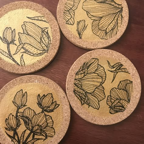 Hand Painted Cork Coasters, Cork Coasters Diy Paint, Painted Cork Coasters, Mdf Coasters Painting, Wood Coaster Art, Hand Painted Coasters Diy, Tea Coasters Painting, Coaster Design Painted, Painting Coasters Ideas