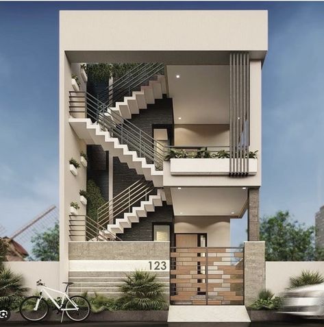 Elevation With Stairs From Outside, Outside Staircase House Elevation, Staircase Facade Design Exterior, Staircase Design Exterior Elevation, Front Staircase House Elevation, Outer Stairs Design, Front Staircase Elevation G+1, Front Elevation With Staircase, Staircase Elevation Exterior