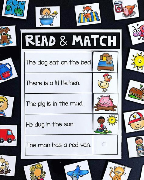 593 Likes, 7 Comments - My Teaching Pal (@myteachingpal) on Instagram: “READ AND MATCH 📒 I’ve turned one of my favorite worksheets into a literacy center! I love this…” Read And Match Sentence To Picture For Kindergarten, Sentence Games, Clothespin Activities, Read Cvc Words, Sight Word Centers, Grade Three, Cvc Activities, Infant Lesson Plans, Cvc Word Activities