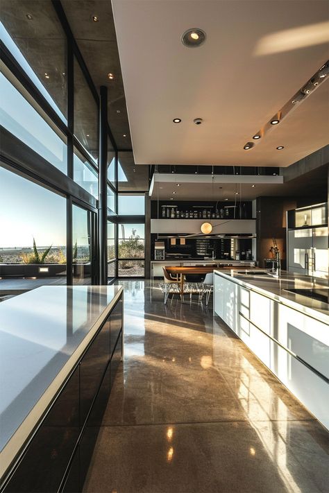 Desert Oasis Kitchen | Reflective polished concrete floor • Full-height corner windows with desert views • Sleek black and white cabinetry • Open shelving with backlit display • Central island with a glossy finish • Iconic mid-century modern dining chairs • Recessed and pendant lighting • Minimalist design with clean lines. Dropped Ceiling Kitchen, Polished Concrete Floor Kitchen, Concrete Floor Kitchen, Concrete Kitchen Floor, Modern Desert Home, Kitchen Neutral, Modern Kitchen Flooring, Concrete Island, Polished Concrete Floor