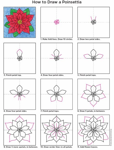 How to draw a Poinsettia. PDF tutorial available. #poinsettia #howtodraw #artprojectsforkids Draw A Poinsettia, Trin For Trin Tegning, Classe D'art, Christmas Art Projects, Winter Art Projects, 4th Grade Art, Art Projects For Kids, Christmas School, Poinsettia Flower