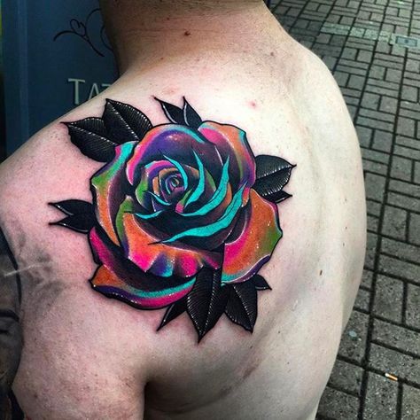 Vibrant and colorful rose. #LittleAndy #rose #surreal #galactic | May 17th 2016 | 23876 Multi Color Rose Tattoo, Color Rose Tattoos, Color Tatoos, Colorful Rose Tattoos, Vibrant Tattoos, Rose Tattoos For Women, Skeleton Hand Tattoo, Sweet Tattoos, Geniale Tattoos