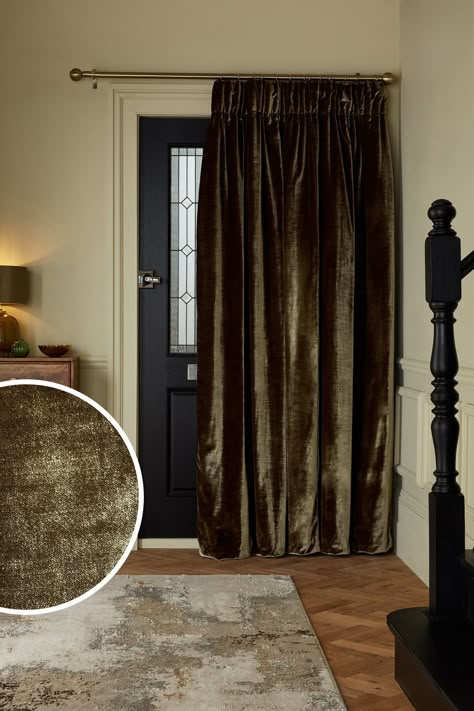 Curtain Over Doorway, Hall Door Curtains, Thermal Curtains For Doors, Small Room Curtains, Moody Living Room Curtains, Curtain Door Ideas, Portiere Curtains, Front Door Curtain Ideas, Green Velvet Curtains Bedroom