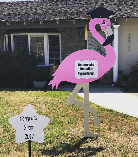 Graduation flamingo yard sign!  How fun is our graduation flamingo lawn sign.  Perfect gift for the grad in your life.  Rent yours today 714-262-0210 or www.orangecountystorks.com. #flamingoyarrdsign #graduationflamingo #flockingtheyard #graduationgifts #graduation #flamingosign Flamingo Sign, Graduation Party Themes, Lawn Sign, Pool Side, Congrats Grad, Yard Sign, Grad Party, Grad Parties, Yard Signs