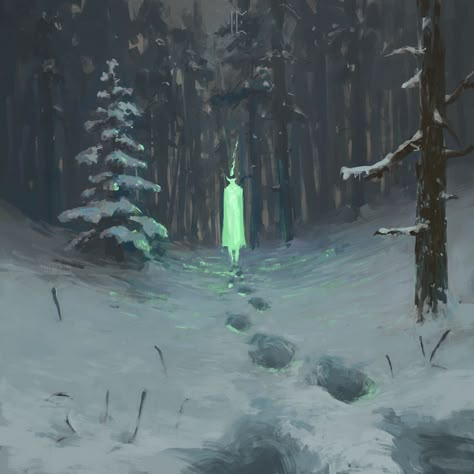 Snowy Landscape Concept Art, Snowy Forest Fantasy Art, Snowy Forest Concept Art, Creepy Snowy Forest, Fire In The Snow, Snowy Concept Art, Snow Forest Art, Snowy Forest Art, Faewild Forest