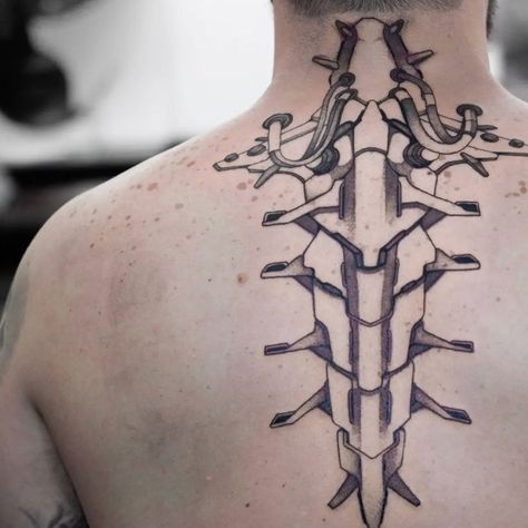 Robot Spine Tattoo, Mechanical Spine Tattoo, Cyberpunk Sandevistan Tattoo, Cyberpunk Tattoo Back, Cybernetic Spine, Warframe Tattoo, Cyberpunk Back Tattoo, Sandevistan Tattoo, Bionic Tattoo