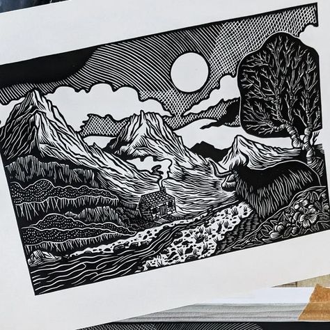 Gareth Barnes >> Printmaker on Instagram: "One thing I've recently been up to is making this commissioned print of a Highland scene which was a total joy to put together. I can't get enough of that part of the world. The craggy mountains, the craggy rivers, the craggy buildings, and whiskey (ideally not craggy). 👌  Cheers again for the entrusting me with this commission!   #scottishhighlands #highlands #scotland #scotlandhighlands #scottishlandscape #highlandcow #linocut #linoprint #handprinted #printpower #printisntdead #lino #artdaily #blockprint #mountains #scotlandart #printprocess #linogravure #scottishnature #handcarved" International Exchange, Relief Printmaking, Linocut Printmaking, Linocut Art, Woodcuts Prints, Scottish Landscape, Mountain Print, Forearm Tattoo, Lino Print