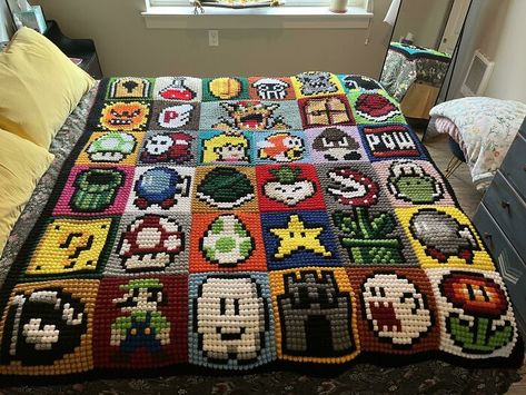 Finally Finished My Super Mario Blanket! Super Mario Crochet Blanket, Crochet Mario Blanket, Mario Quilt Pattern, Mario Blanket, Mario Crochet, Crochet Quilt Pattern, Geeky Craft, Crochet Garden, Crochet Blanket Designs