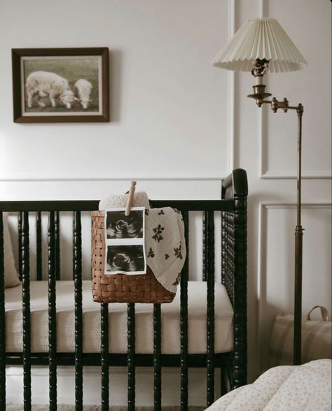 Modern Style Nursery, Transitional Living Room Small Spaces, Tan And Black Nursery, Wood Trim Nursery, Nursery Astethic, Gender Neutral Vintage Nursery, Girl Vintage Nursery, Cottage Baby Nursery, Vintage Ralph Lauren Nursery