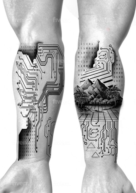 Get a one-of-a-kind custom sleeve tattoo designed exclusively for you! High-quality, personalized and unique tattoos created just the way you want, by an experienced professional. Coding Tattoo, Tech Tattoo Ideas, Circuit Board Tattoo, Computer Tattoo, Circuit Tattoo, Tech Tattoo, Terrible Tattoos, Cyberpunk Tattoo, Answer The Question