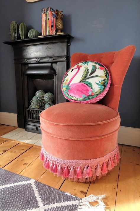 Vintage Velvet Chair, Vintage Velvet Chairs, Expensive Sofas, Pink Velvet Chair, Cosy Vibes, Velvet Footstool, Industrial Style Lighting, Furniture Flips, Bell Tower