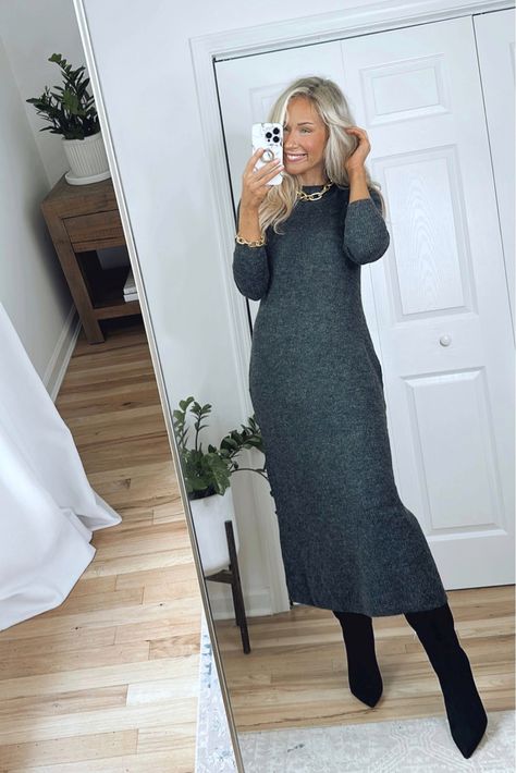 Shop Rib-knit Dress - Dark gray - Ladies and other curated products on LTK, the easiest way to shop everything from your favorite creators. Satin Slip Skirt Outfit, Grey Knitted Dress, Dress And Knee High Boots, Slip Skirt Outfit, Knitted Dress Outfit, Satin Slip Skirt, Grey Knit Dress, Birthday Outfit Ideas, Sweater Dress Outfit