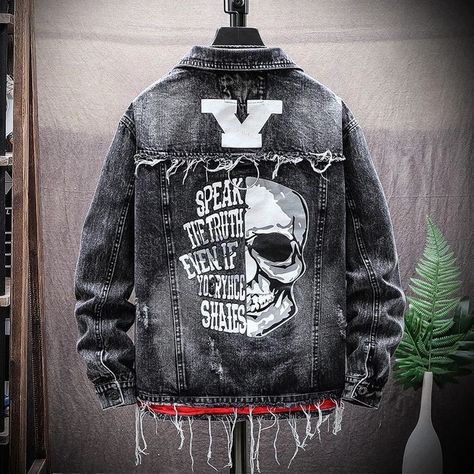 Ripped Fashion, Ripped Denim Jacket, Print Outerwear, Denim Jacket Fashion, Printed Denim Jacket, Cheap Jacket, Jaco, Black Denim Jacket, Denim Jacket Men