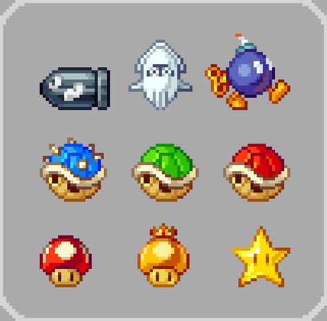 ArtStation - Mario Kart Item Sprites Pixel Tutorial, Pixel Items, Perler Bead Mario, Perler Pattern, Red Icons, Pixel Art Background, Pixel Characters, Pixel Animation, Arte 8 Bits