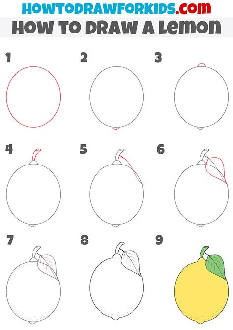 How to Draw a Lemon - Easy Drawing Tutorial For Kids How To Draw A Lemon Step By Step, How To Draw Lemons Easy, How To Draw Lemons, How To Draw A Fruit, How To Draw Orange, How To Draw Fruit Step By Step, How To Draw A Lemon, Lemon Drawing Easy, Fruit Drawing Reference