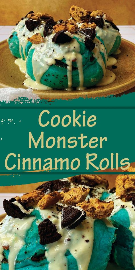 Cookie Monster Cinnamon Rolls Recipe, Cookie Monster Recipes, Cookie Monster Desserts, Cookie Monster Cinnamon Rolls, Cookie Monster Brownies, Monster Cinnamon Rolls, Monster Desserts, Cookie Monster Cookies, Cinnamon Filling