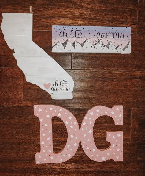 Sorority Crafts Letters, Big/little Baskets, California Painting, Little Gifts Sorority, Big Little Canvas, Mountains California, Sorority Art, Big Little Basket, Sorority Paddles