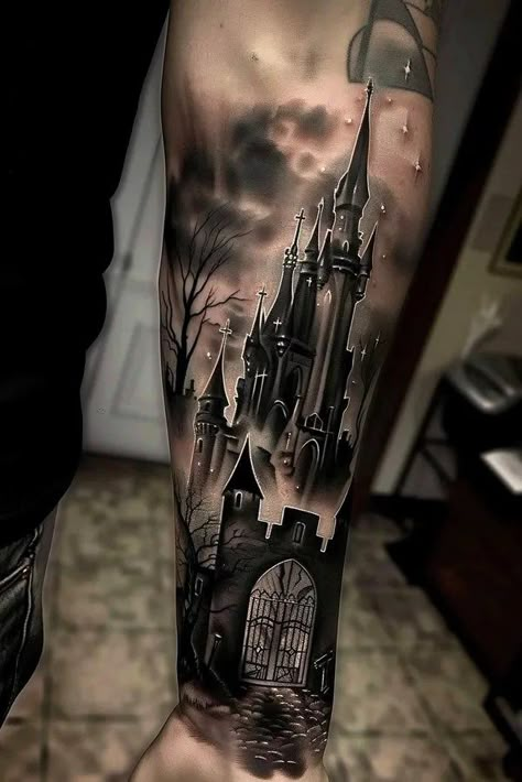 Tattoo idea: tattoo sketch The silhouette of a castle rises against Gothic Black And Grey Tattoos, Edward Scissorhands Castle Tattoo, Maleficent Castle Tattoo, Dark Castle Tattoo Design, Dracula Castle Tattoo, Haunted Castle Tattoo, Dark Castle Tattoo, Dark Fantasy Tattoo Ideas, Cathedral Tattoo Design