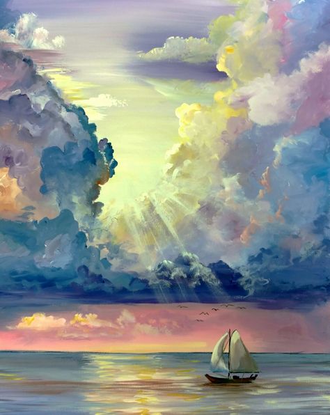 Seascapes Paintings, Boat Art Painting, Fall Canvas Art, Canvas Board Painting, Sailing Art, Night Sky Painting, Christmas Paintings On Canvas, Texture Painting On Canvas, Sailboat Painting