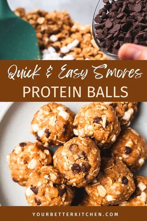 Looking for delicious yet healthy high-protein snacks? Our s'mores protein balls are exactly what you need. Trust me, this DIY protein balls recipe is a must-try! These treats are almost too good to be true, filled with protein yet without a chalky taste. Plus, this no-bake dessert is perfect for kids and made with healthy ingredients like almond butter, oats, protein powder, and honey. Discover this recipe and more at yourbetterkitchen.com. Diy Protein Balls, Protein Snacks For Kids, Protein Balls Recipe, Oats Protein, Easy Smores, Healthy High Protein Snacks, High Protein Snack, Protein Balls Recipes, Easy Protein