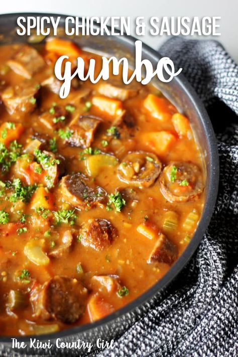 Inspired by the authentic New Orleans dish, this is my take on spicy chicken & sausage gumbo! Easy to make and full of cajun spice flavours, this easy weeknight meal will be a new favourite! #thekiwicountrygirl #neworleans #gumbo #chicken #chickendinner #sausages #easydinner #thekiwicountrygirl Gumbo Easy, Spicy Gumbo, Gumbo Recipe Easy, Chicken Sausage Gumbo, Chicken Gumbo, Cajun Spice, Sausage Gumbo, Cajun Cooking, Gumbo Recipe