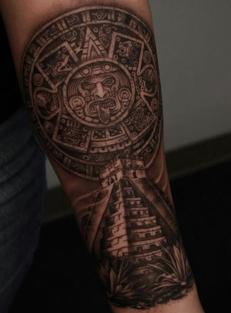 Mayan Calander Tattoos, Aztec Leg Tattoo Men, Aztec Calendar Tattoo Design, Aztec Forearm Tattoo For Men, Aztec Tattoo Mexican Forearm, Mayan Pyramid Tattoo, Aztec Leg Tattoo, Mexican Tattoo Ideas For Men Aztec, Aztec Tattoo Designs For Men