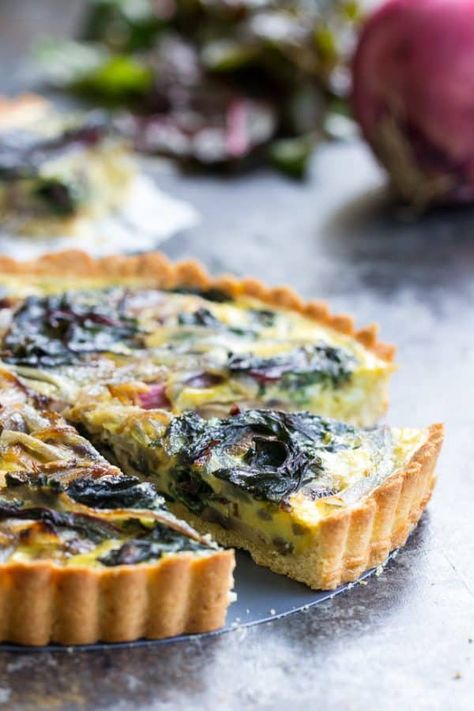 Savory Tart with Caramelized Onions Mushrooms & Chard {Paleo} Breakfast Tart Recipes, Chard Quiche, Tart Dough Recipe, Vegetarian Mushroom Recipes, Vegetarian Tart, Paleo Running Momma, Caramelized Onions And Mushrooms, Breakfast Tart, Tart Dough