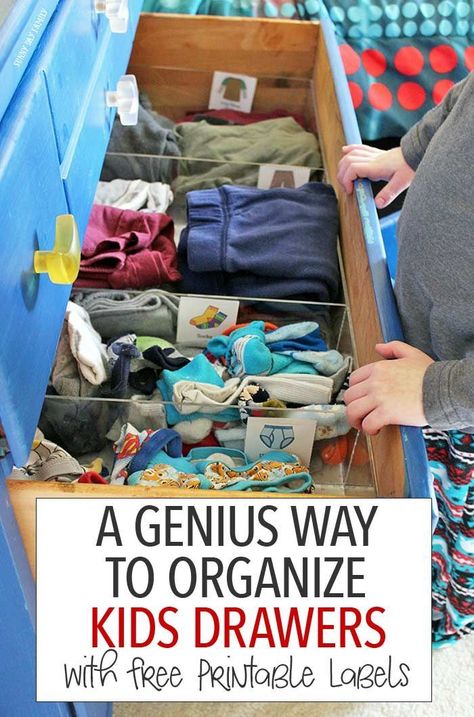 Organize your dresser with this genius solution and teach kids how to put their clothes away too! This is the perfect tool for keeping kids clothes organized and for teaching them to help with laundry - maximize your space and minimize your stress. Includes free printable kids clothes labels too! (sponsored) Organized Dresser, Kids Clothes Storage, Search Pinterest, Kids Clothes Organization, Kids Dresser, Dresser Drawer Organization, Drawer Labels, Boy Rooms, Clear Bins