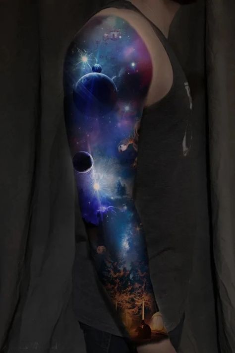 I offer you professional work and get the perfect tattoo sleeve from me. And your idea becomes a reality. ️ Tattoo style doesn't matter! It can be cover-ups or touch-ups (please, send me photos and we will discuss this option) I make photoshop projects and hand-drawn pictures. It depends on your tattoo idea. Realistic Galaxy Tattoo, Dark World Tattoo, Galaxy Tattoos Men, Space Tattoo Sleeve Men, Space Tattoo Designs, Reality Tattoo, Galaxy Tattoo Sleeve, Space Tattoo Sleeve, Outer Space Tattoos