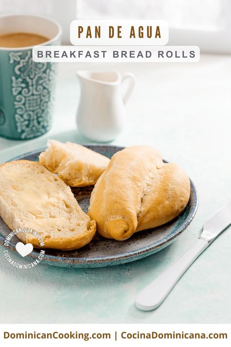 Pan de agua, with a soft crumb and firm crust, is perfect with hot drinks and essential for making Dominican sandwiches. Dominican Sandwiches, Dominican Desserts, Dominican Breakfast, Food Dips, Dominican Recipes, Spanish Bread, Dominican Food, Breakfast Bread, French Baguette