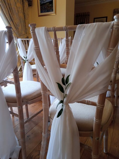 Sashes On Chiavari Chairs, Chiffon Chair Drapes, Chiffon Chair Sash, Chivari Chair Draping, Wedding Chair Decorations Ribbon, Wedding Chair Cover Ideas, Chivari Chairs Wedding, Chair Drapes, Wedding Reception Chairs