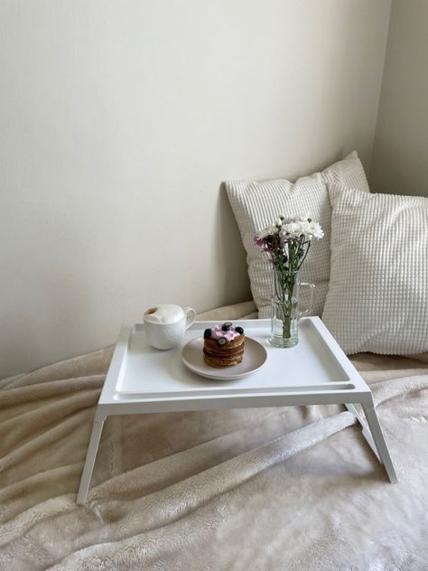 Bed Tray Decor Ideas, Table On Bed, Bed Tray Decor, Ways To Upgrade Your Bedroom, Table For Bed, Bed Setup, Bed Tray Table, Time For New Beginnings, Room Decor Tips