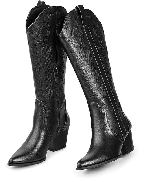 Amazon.com: Arromic Black Cowboy Boots for Women, Western Cowgirl Boots for Women Knee High Tall Pointed Toe Embroidered Pull On Zipper Stitching Chunky Heel Fashion Boots : Clothing, Shoes & Jewelry Cowgirl Boots Black, Cowboy Boots For Women, Girls Black Boots, Bday Shoot, Country Outfit, Outfit Retro, Black Cowboy Boots, Black Cowboy, Western Cowgirls