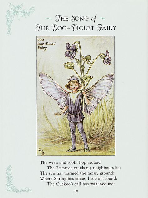 The Song Of Dog-Violet Fairy, a spring Flower Fairy poem:   The wren and robin hop around; The Primrose-maids my neighbours be; The sun has warmed the mossy ground; When Spring has come, I too am found; The Cuckoo's call has wakened me! Flower Poetry, 동화 삽화, Summer Fairy, Fairy Illustration, Fairy Pictures, Cicely Mary Barker, Vintage Fairies, Flower Fairies, Fairy Angel