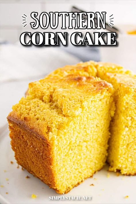 Southern Corn Cake Dishing out Southern Corn Cake for your next Sunday dinner is a breeze; it's thick, dense, and easy to make, boasting a golden sweetness that's just divine when served warm with butter and honey. This moist and delicious side dish is a surefire way to add a touch of comfort to the table. Georgia Cornbread Cake Recipe, Corn Cake Recipe, Southern Corn, Corn Cakes Recipe, Pond Cake, Sweet Corn Cakes, Cornbread Cake, Corn Cake, Honey Cornbread