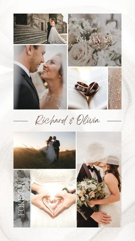 Free Canva Template - Aesthetic Wedding Photo Collage Instagram Story Design Free Download Engagement Photos Collage, Engagement Anniversary Story Ideas, Pre Wedding Story Ideas, Wedding Anniversary Insta Story Ideas, Wedding Story Ideas Instagram, Wedding Photo Collage Ideas, Instagram Wedding Story Ideas, Wedding Collage Ideas, Couple Photo Collage Ideas