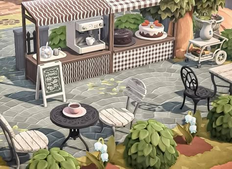 Acnh Riverwalk Ideas, Acnh Outside Cafe Ideas, Shopping Plaza Animal Crossing, Outside Cafe Animal Crossing, Animal Crossing Coffee Shop Design Code, Acnh Shopping Plaza Ideas, Cafe Acnh Ideas, Plaza Ideas Acnh, Animal Crossing Bistro Ideas