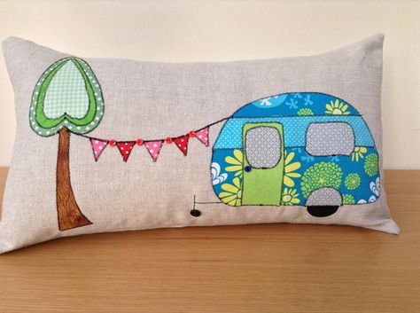 Caravan Cushion | wowthankyou.co.uk: Applique Caravan Template, Camper Applique, Camper Quilt, Camper Art, Applique Cushions, Unique Handmade Gifts, Retro Caravan, Sewing Cushions, Camping Pillows