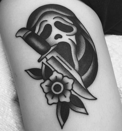 Traditional Tattoo Halloween, Vampire Tattoo, Traditional Black Tattoo, Traditional Tattoo Flash Art, Traditional Tattoo Inspiration, Horror Scream, Scream Ghostface, Traditional Style Tattoo, Movie Tattoos