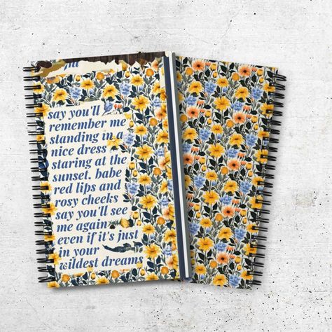 Spiral notebook with images of flowers on it and the lyrics to Wildest Dreams by Taylor Swift Taylor Swift School Supplies, Wildest Dreams Lyrics, Taylor Swift School, Lyrics Notebook, Wildest Dreams, Taylor Swift Songs, Back To School Supplies, Journal Notebook, Spiral Notebook