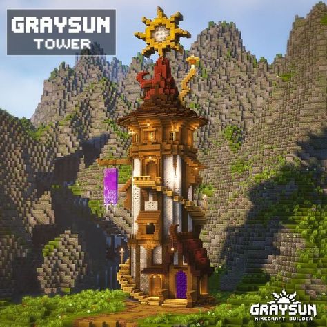 Astronomy Tower Minecraft, Minecraft Circle Roof Design, Cute Fantasy Minecraft Builds, Gray Sun Minecraft, Wizard Minecraft Builds, Minecraft Fantasy Builds Tower, Star Minecraft House, Minecraft Circle Tower, Minecraft Sun House