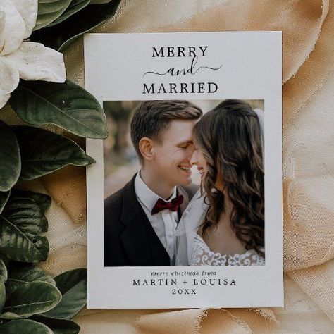 Married Christmas Cards, Couples Holiday Photos, Merry And Married, Christmas Couple Photos, Couple Christmas Card, Whimsical Typography, Merry Chistmas, Couples Holiday, Newlywed Christmas