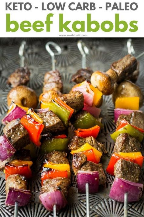 Low Carb Keto Beef Kabobs, only 3g net carbs per kabob! Healthy, Easy, and delicious, this recipe for low carb beef kebabs is also Paleo and Whole30 too. | www.noshtastic.com | #keto #lowcarb #ketodiet #ketogenic #ketorecipes #ketogenicdiet #noshtastic #keto #paleo #paleodiet #whole30 #w30 #glutenfree #kebab #kabob #beef #beefkebab #beefkabob Baby Bella Mushrooms, Beef Kebabs, Keto Beef, Low Fat Low Carb, Beef Kabobs, Low Carb Low Fat Recipes, Boiled Egg Diet Plan, Paleo Beef, Best Low Carb Recipes