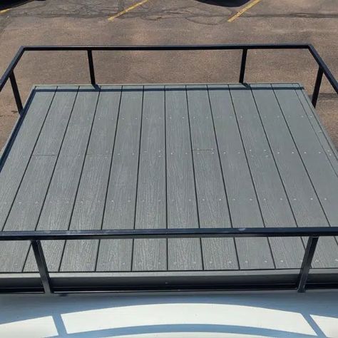 Camper Roof Deck, Skoolie Roof Deck, Skoolie Deck, Roof Deck Ideas, Rooftop Deck Ideas, Campground Ideas, Roof Storage, Deck Storage, Cedar Boards