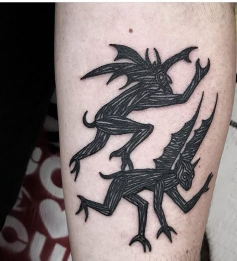 Dancing Demons by OsangBrutal @ Holy Noir. Toronto Canada. Dancing Demon Tattoo, Dancing Devil Tattoo, Demonic Tattoos, Goth Tatoos, Owl Feather Tattoos, Dance Tattoo, Solid Black Tattoo, Flying Tattoo, Scale Tattoo